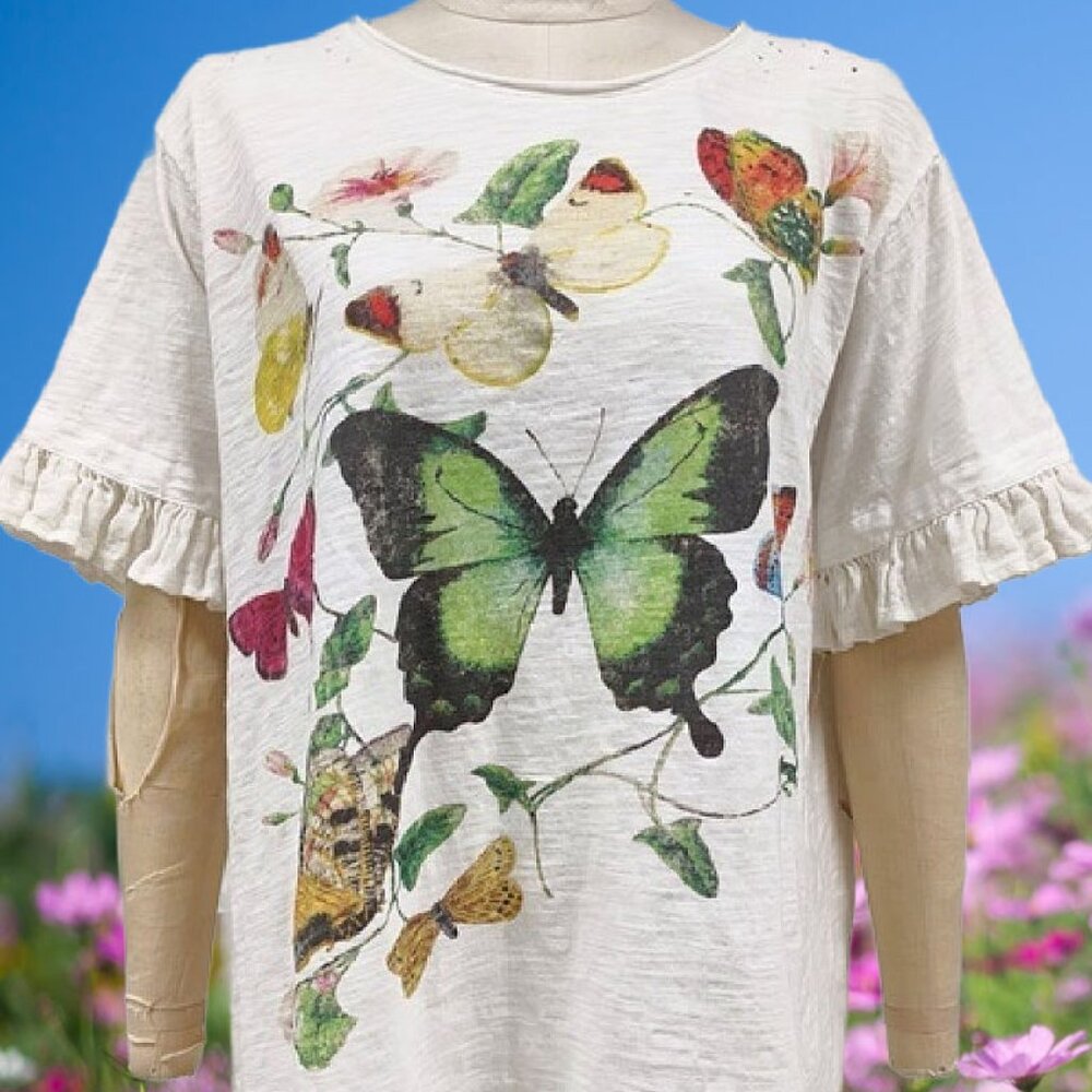 BlueVelvet Butterfly Top With Ruffle Sleeve